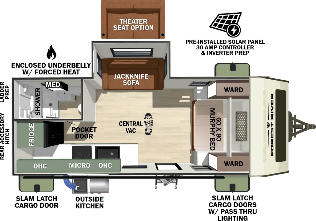 The No Boundaries NB20.1 floorplan has one entry and one slide out. Exterior features include: fiberglass exterior, 14' awning and outside kitchen. Interiors features include: murphy bed.